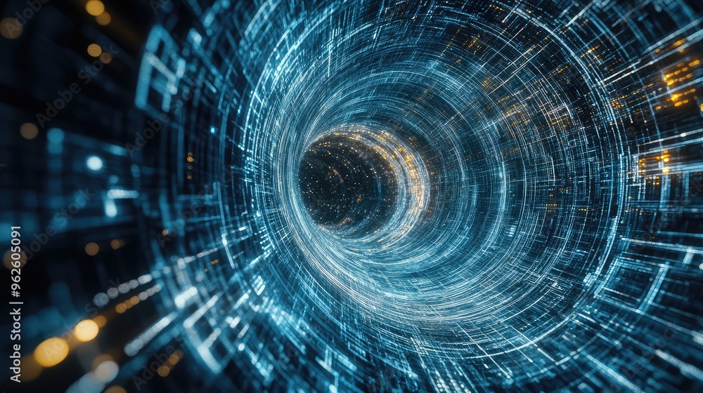 Poster aerial perspective of a digital vortex with interconnected technology lines, creating a sense of dep