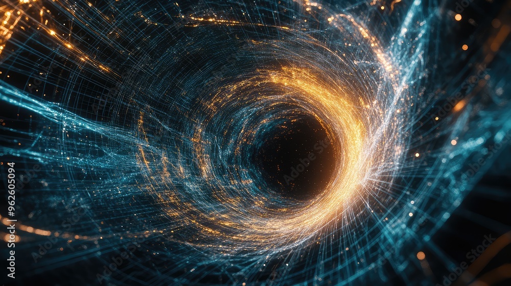 Poster aerial perspective of a digital vortex with interconnected technology lines, creating a sense of dep