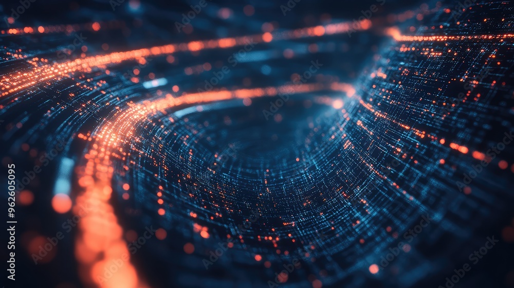 Poster aerial perspective of a digital vortex with interconnected technology lines, creating a sense of dep