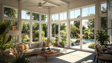 Fototapeta premium Bright, airy sunroom with large windows offering a view of a beautiful backyard garden and pool area