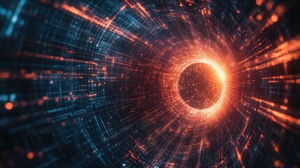Fototapeta premium Aerial view of a digital vortex, with glowing tech lines converging into a powerful digital channel, seen from an unmanned aerial vehicle