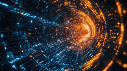 Obraz premium Aerial view of a digital vortex, with glowing tech lines converging into a powerful digital channel, seen from an unmanned aerial vehicle