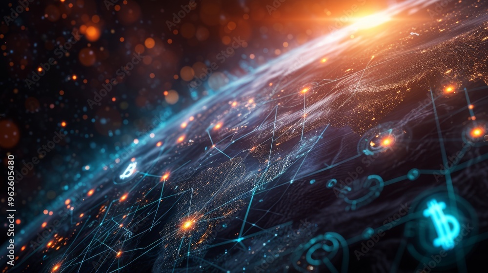 Poster a detailed digital illustration showing a global network with highlighted data points and cryptocurr