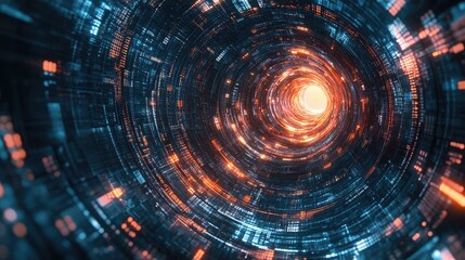 Obraz premium Drone perspective capturing a swirling digital vortex with dynamic technology lines, highlighting a tech-driven digital channel