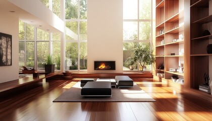 Modern Living Room with Fireplace and Large Windows