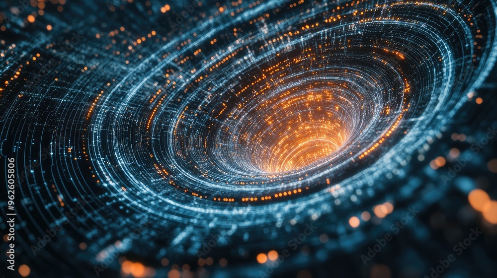 Poster technological digital vortex from a drone perspective, with intricate technology lines forming a hig