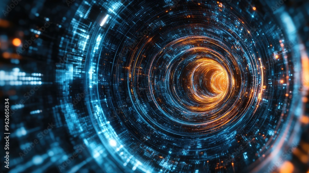 Poster technology-driven digital vortex seen from a drone's perspective, with a sense of speed and energy c
