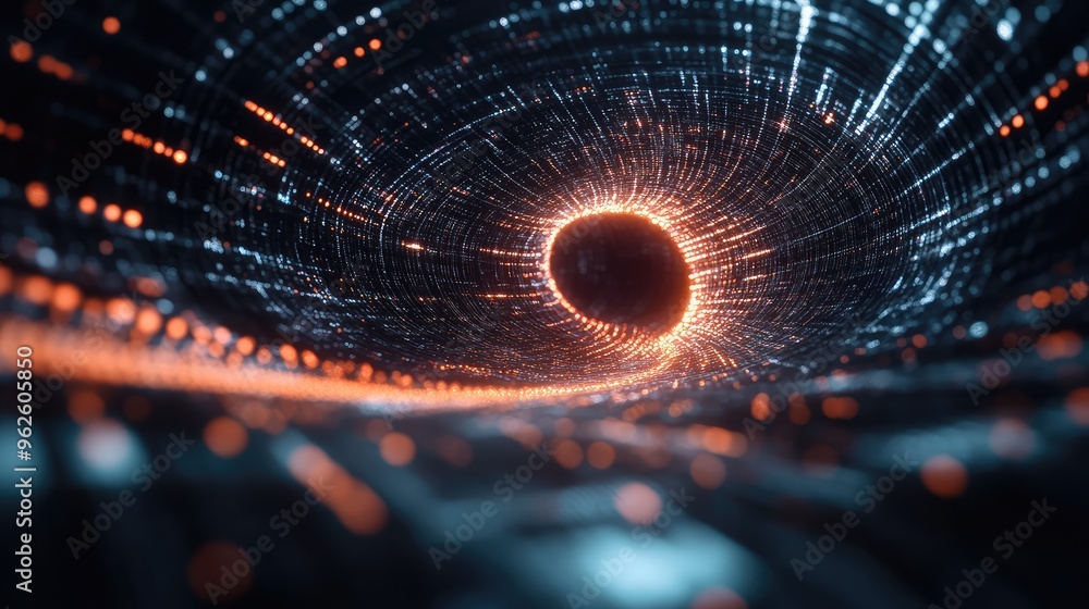 Poster unmanned aerial vehicle captures a digital vortex, with intricate tech lines forming a dynamic chann