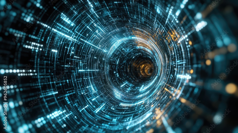 Poster technology-driven digital vortex seen from a drone's perspective, with a sense of speed and energy c