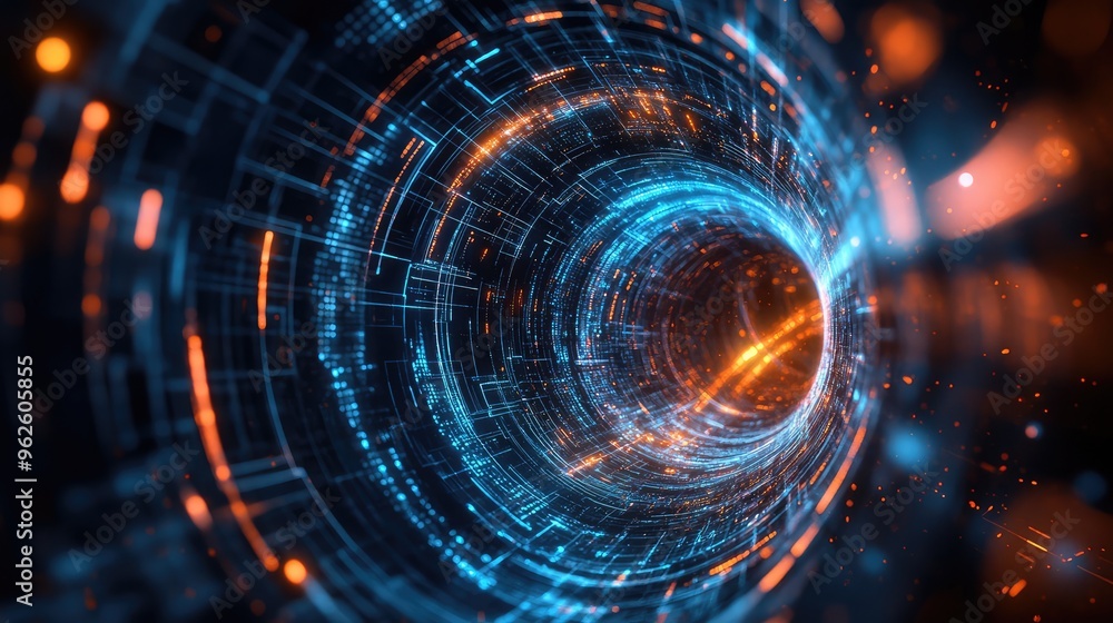 Poster unmanned aerial vehicle captures a digital vortex, with intricate tech lines forming a dynamic chann
