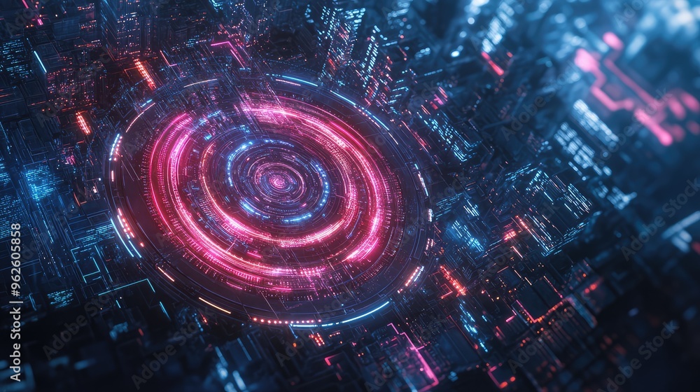 Poster unmanned aerial vehicle captures a digital vortex, with intricate tech lines forming a dynamic chann