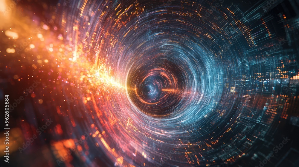 Poster unmanned aerial vehicle view of a swirling, vibrant digital vortex with sharp technology lines and a