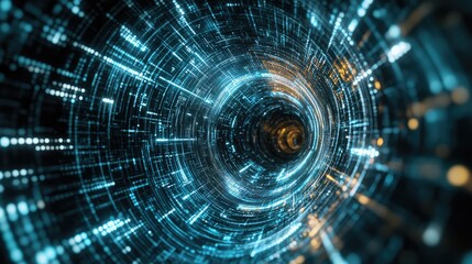 Technology-driven digital vortex seen from a drone's perspective, with a sense of speed and energy created by swirling tech lines