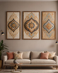 Interior of living room with beige sofa, pillows and decorative patterns