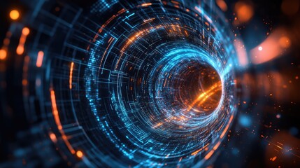 Obraz premium Unmanned aerial vehicle captures a digital vortex, with intricate tech lines forming a dynamic channel of data flow in a high-tech scene