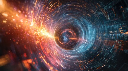 Obraz premium Unmanned aerial vehicle view of a swirling, vibrant digital vortex with sharp technology lines and a dynamic flow of digital energy