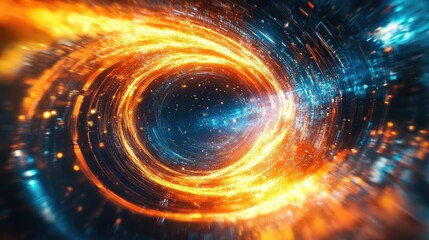Fototapeta premium Unmanned aerial vehicle view of a swirling, vibrant digital vortex with sharp technology lines and a dynamic flow of digital energy