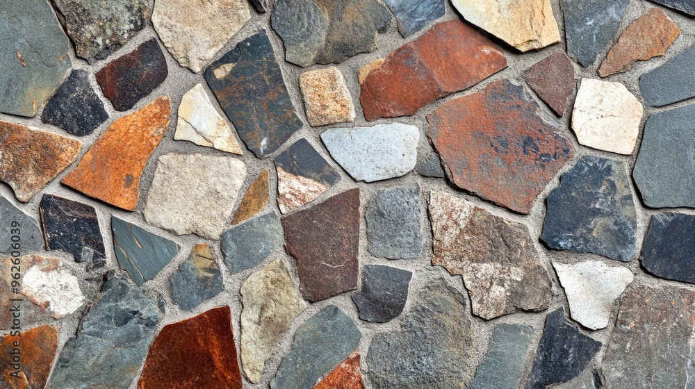 Aufkleber close-up of a mosaic tile background with irregular stone pieces in mixed earth tones for a rustic e