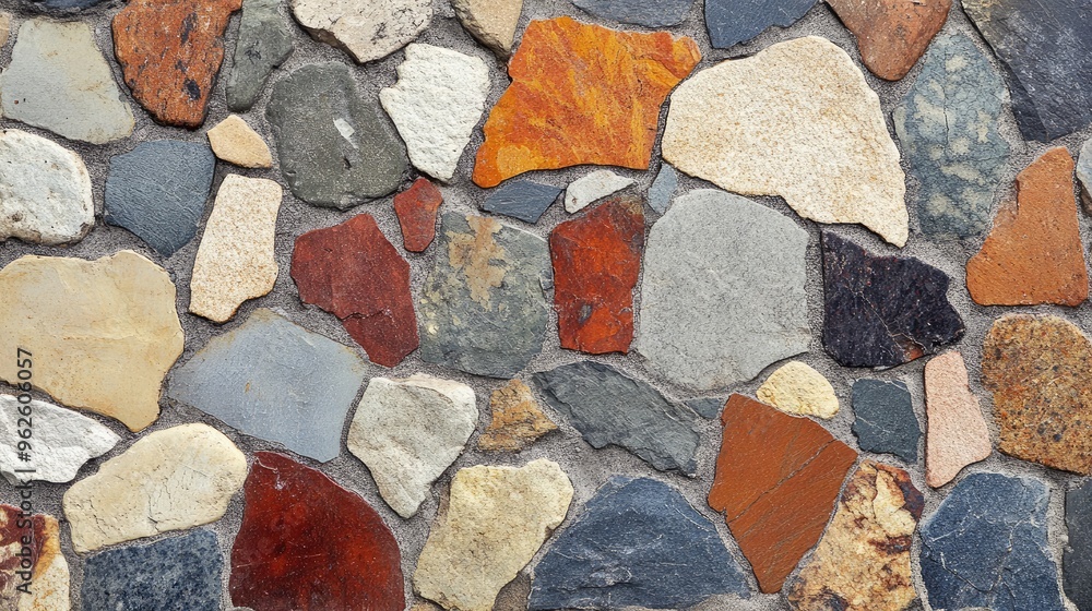 Poster close-up of a mosaic tile background with irregular stone pieces in mixed earth tones for a rustic e