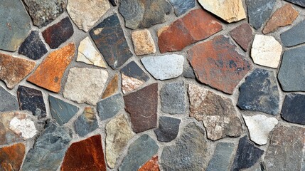 Close-up of a mosaic tile background with irregular stone pieces in mixed earth tones for a rustic effect.