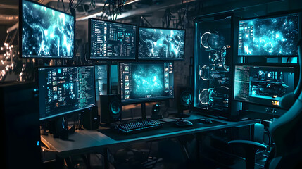 Fototapeta premium Cyberpunk Gamer's Workstation - Futuristic Setup with Neon Lights