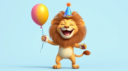 Fototapeta premium A playful lion cartoon with a colorful balloon in one paw and a birthday hat on, celebrating a party with friends