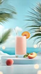 Fototapeta premium Peach smoothie on a sea podium with a fantastical landscape and glowing lights.