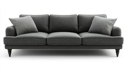 A dark grey fabric sofa with three cushions and wooden legs isolated on a white background.