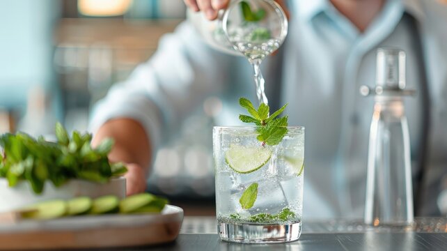 A bartender muddles mint for a mojito while cucumber water is bottled.
