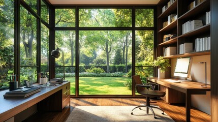 Fototapeta premium Contemporary home office with large windows letting in natural light and providing a view of a green garden.
