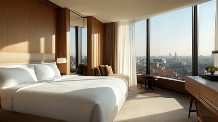 Naklejka premium Contemporary hotel suite with large windows offering a panoramic view of the urban landscape and bright natural light