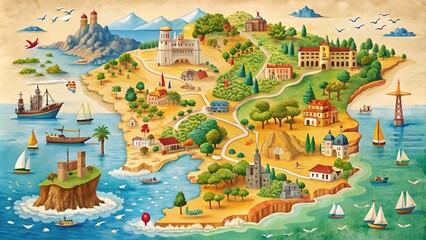 Vibrant, illustrated map highlights the shared border between Spain and France, showcasing major cities, mountain ranges, and scenic coastlines in warm, earthy tones.