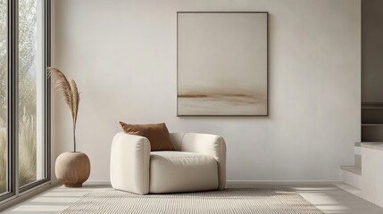 Contemporary living room with a white wall, decorated with a modern art painting and a cozy beige armchair.