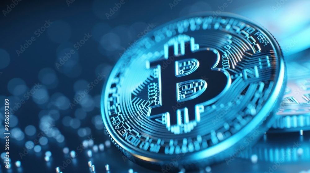 Aufkleber stunning digital art showcases bitcoin emblem surrounded by intricate circular patterns on a deep bl