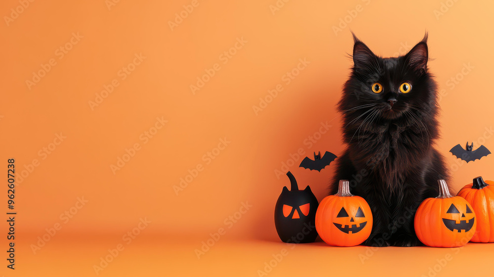 Poster A majestic longhaired black cat sits among vibrant orange pumpkins, perfectly capturing the Halloween spirit.