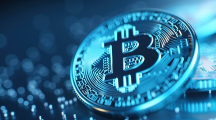 Stunning digital art showcases Bitcoin emblem surrounded by intricate circular patterns on a deep blue backdrop.