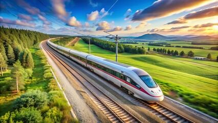 Fototapeta premium Modern high-speed train rushing through the countryside