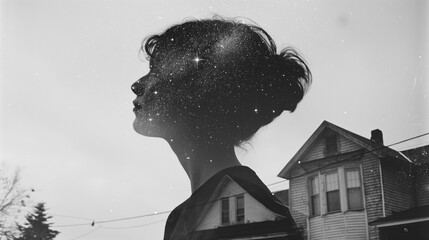 a double exposure of the silhouette of an androgynous person with short hair inside their head is a starry sky