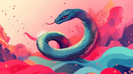 Obraz premium Vibrant Illustrated Snake in a Colorful Abstract Background