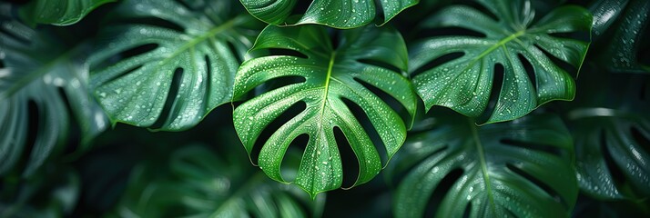 Obraz premium Closeup of lush green monstera leaves with water droplets. Natural background for design, botanical illustrations, or nature themes.
