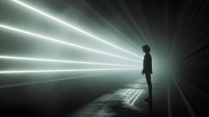 a girl standing in the dark, long exposure, a tunnel with light beams on the ground, hyper realistic photography, atmospheric lighting, foggy