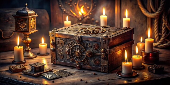 Ancient mysterious box with intricate mechanisms and cryptic symbols, surrounded by candles, parchment, and mysterious artifacts, evoking an air of secrecy and forgotten knowledge.