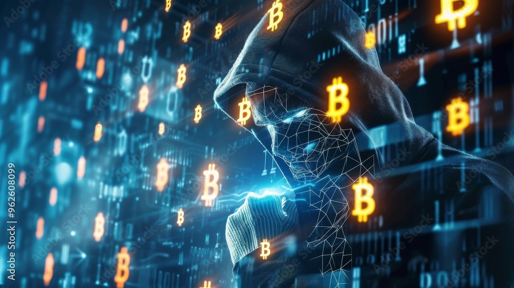 Poster a hooded hacker is depicted with glowing bitcoin symbols amidst a dark digital matrix background, re