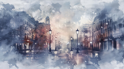 Foggy Street with Lanterns at Dawn