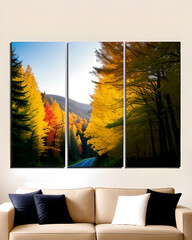 interior of modern living room with sofa, sofa and window with autumn landscape