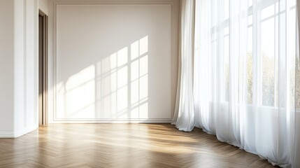 Fototapeta premium Empty room with a plain white wall, hardwood floors, and natural light filtering through sheer curtains.