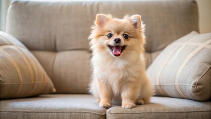 Funny small pomeranian puppy barking on a cozy couch , playful, adorable, fluffy, pet, canine, domestic, animal, pomeranian, small