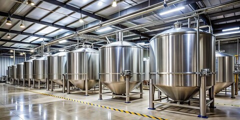 Industrial brewery storage tanks in a warehouse setting