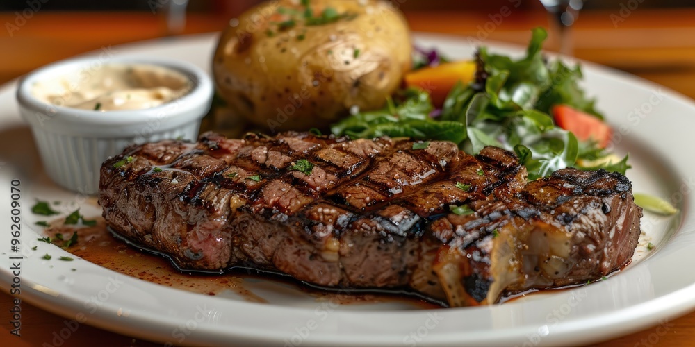 Wall mural close-up of grilled premium ribeye steak accompanied by horseradish sauce, a baked potato, and a fre