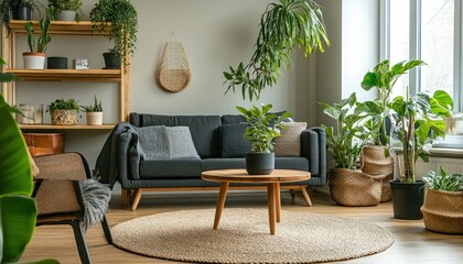 Cozy Living Room with Gray Sofa, Wooden Coffee Table, and Lush Greenery
